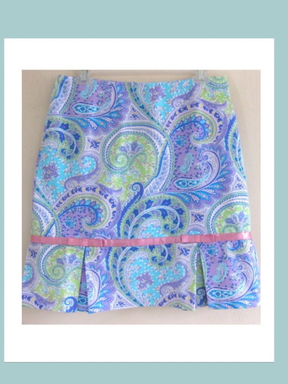 A-line paisley print skirt 6 Cotton Spandex Aqua Purple Pink Green Light Pastel